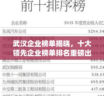 武漢企業榜單揭曉，十大領先企業榜單排名重磅出爐！